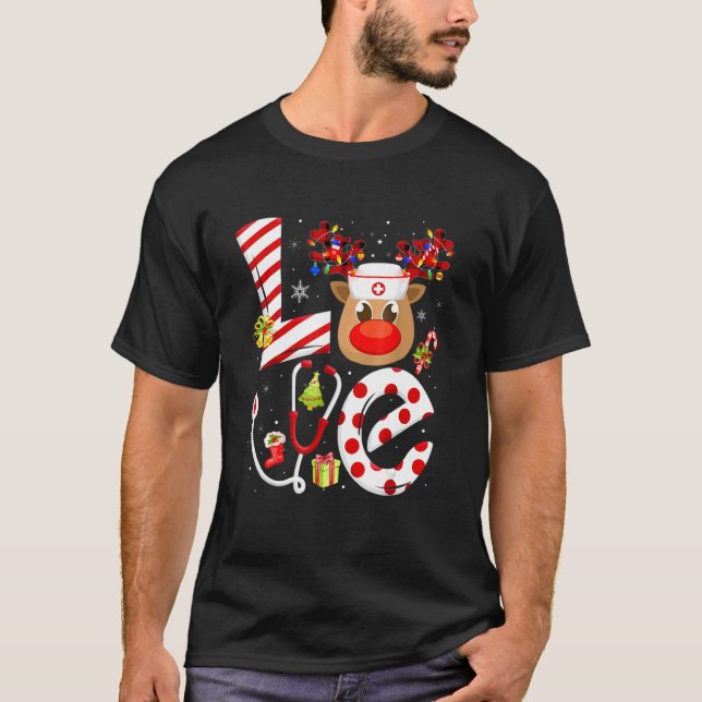 Jul Nurse Kärlek NICU RN ER Santa Reindeer Nur T Shirt (Framsida)