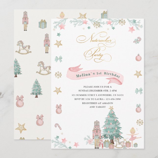 Jul Nutcracker Ballet Rosa vattencolor baby Inbjudningar (Fram/baksida)