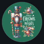 Jul Nutcracker Candy cane jul Önskemål Runt Klistermärke<br><div class="desc">Ett charmerande klistermärke med en festlig julnötskal,  en candy cane,  och jultomten önskemål är perfekt för att sippra Hett kakao vid elden. Anpassningsbarnas grönt - bakgrund.</div>