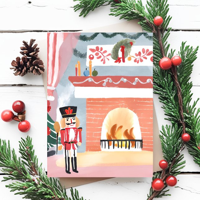 Jul Nutcracker Fireplace | Merry Watercolor Helg Vykort (Skapare uppladdad)
