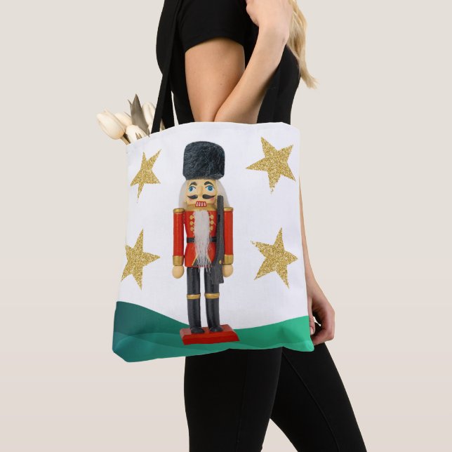 Jul Nutcracker med Guld Glitter Stars Tygkasse (Närbild)