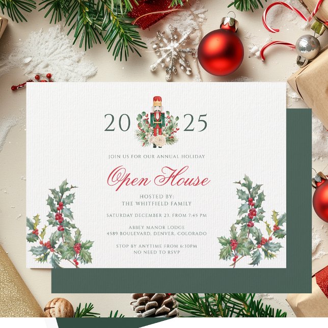 Jul Nutcracker Open House Red Berries Inbjudningar (Christmas Holidays Open House Party Invitation Red Berries with Nutcracker)