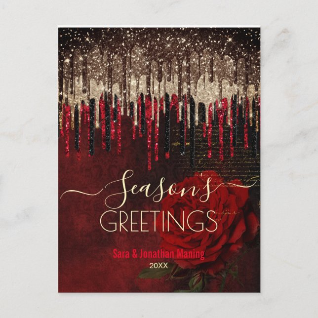 Jul Nyår röda blommor guld glitterdroppar Vykort (Framsida)
