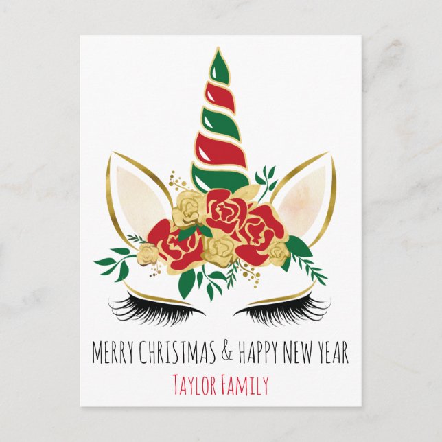 Jul - Nyår Vinter Unicorn Vykort (Framsida)