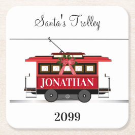 Jul - nyårsafton Red Tram Trolley Streetcar Underlägg Papper Kvadrat