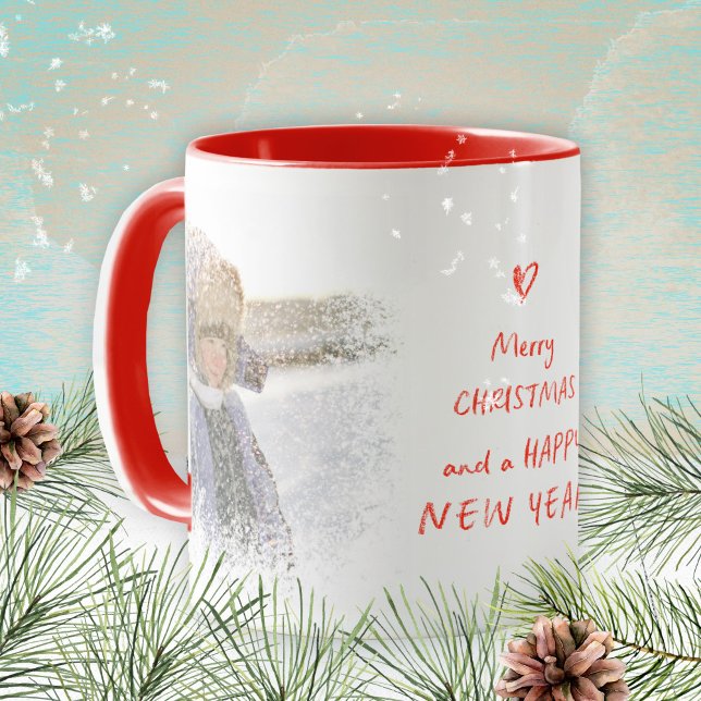 Jul - nyårsfoto Snö Red Heart Typography Mugg (Christmas New Year Photo Snow Heart Keepsake Mug ©Susanne Sachers - Sunny Mind Design 🌞)