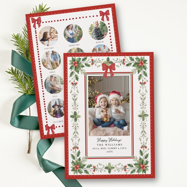 Jul Nyckfull Båge Botanisk Bär Foto Julkort (christmas card photo collage year in review botanical red bow hand drawn elegant modern family kids)