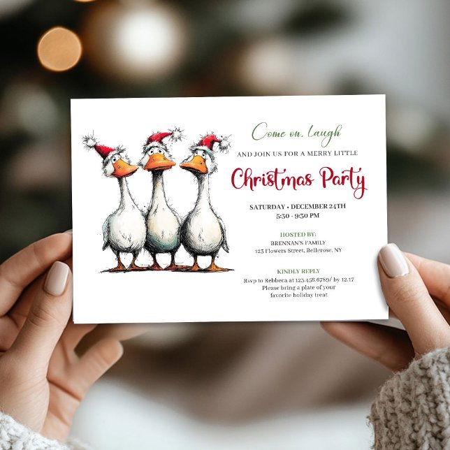 Jul Nyckfulla Gäss Rolig Minimalistisk Fest Inbjudningar (Christmas Whimsical Geese Funny Minimalist Party Invite)