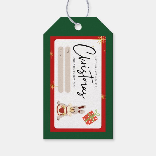 Jul nytt år hälsning röd grönt presentetikett (Framsidan)