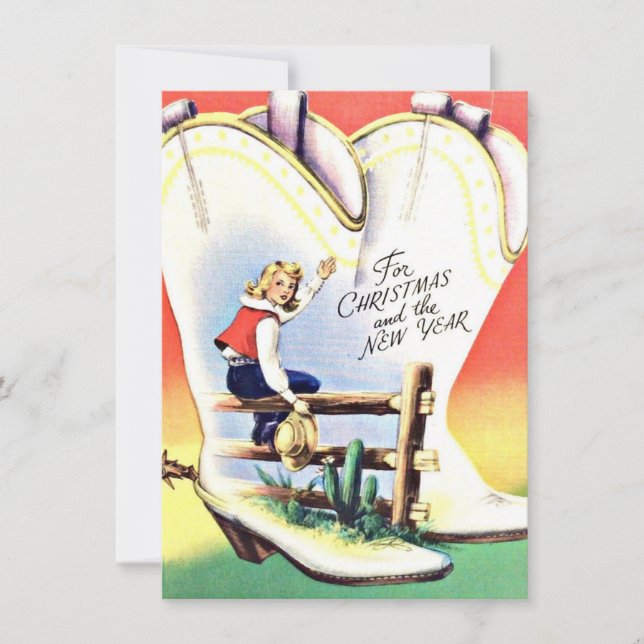 Jul- och nyårs cowgirl västernostalgi julkort (Framsida)