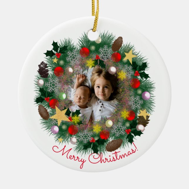 Jul- och nyårshelgen hälsning, foto i krona julgransprydnad keramik (Framsidan)