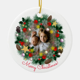 Jul- och nyårshelsningar, foto i krans julgransprydnad keramik