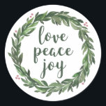 Jul- och nyårsjukan. Kärlek, fred, Joy Runt Klistermärke<br><div class="desc">God jul och nyårspåverkan. Kontakta mig om du behöver fler artiklar.</div>