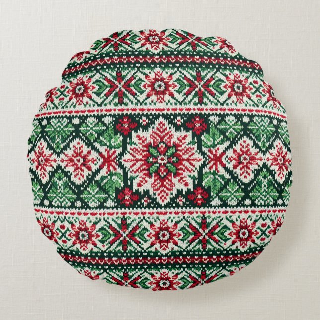Jul- och vintermässa - röd och grönt rund kudde (Framsidan)