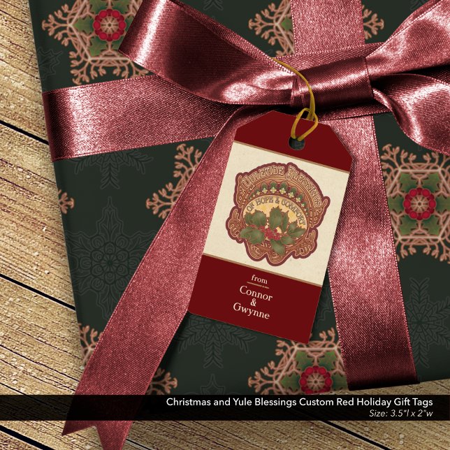 Jul- och Yule Blessings Anpassningsbar Red Helgdag Presentetikett (Personalized Christmas and Yule Blessings Holiday Gift Tags in Rich Burgundy Red: Front Side)