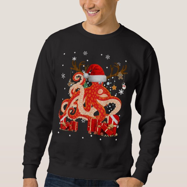 Jul Octopus Funny Santa Reindeer Octopus Lov Lång Ärmad Tröja (Framsida)