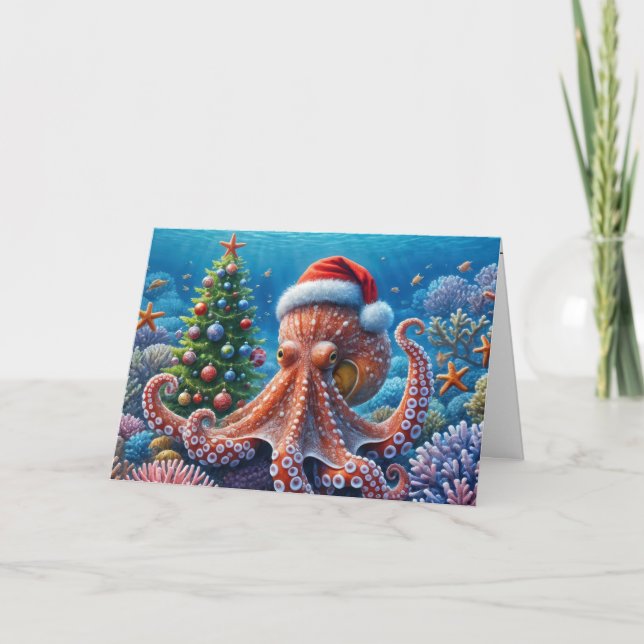 Jul Octopus Wearing a Santa Hat Kort (Framsida)