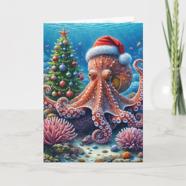 Jul Octopus Wearing a Santa Hat Kort (Framsida)