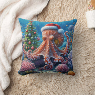 Jul Octopus Wearing a Santa Hat Kudde
