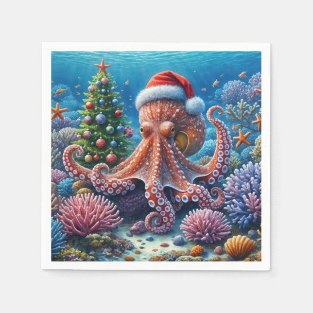 Jul Octopus Wearing a Santa Hat Pappersservett (Framsidan)