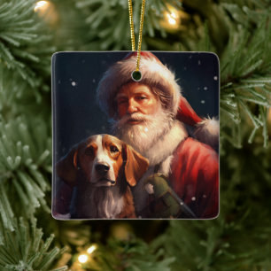 Jul om amerikansk engelska Foxhound Jultomten Julgransprydnad Keramik
