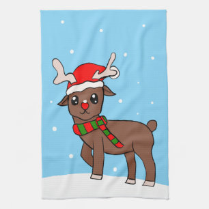 Jul om Cute Hjort Snö Snöflingor Kökshandduk
