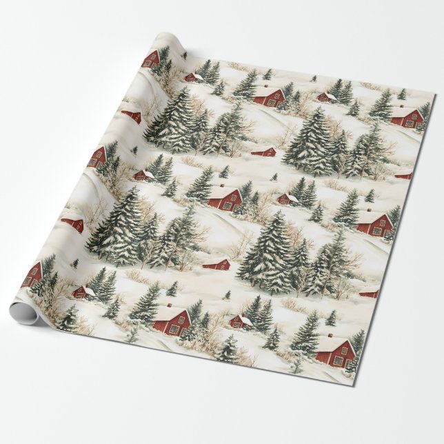 Jul om Helgdag Snö i Rustic Winter Woodland Presentpapper (Utrullad)