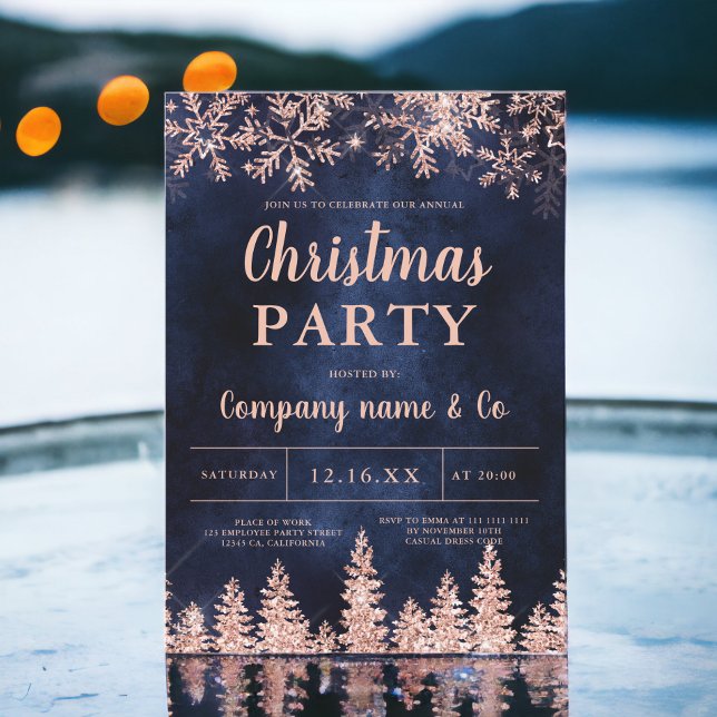 Jul om marinjjul för marinen ro i snö i gräs inbjudningar (Rose gold snow pine navy corporate Christmas Invitation)