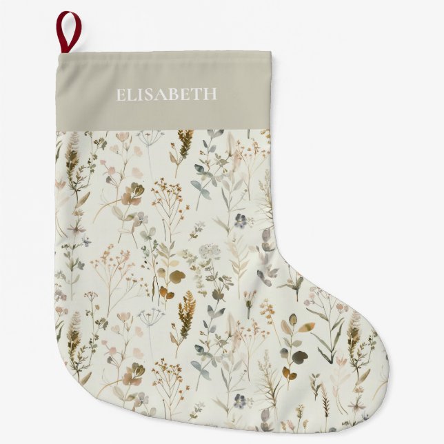 Jul om Rustic Botanical Wildblomma Stor Julstrumpa (Framsidan)