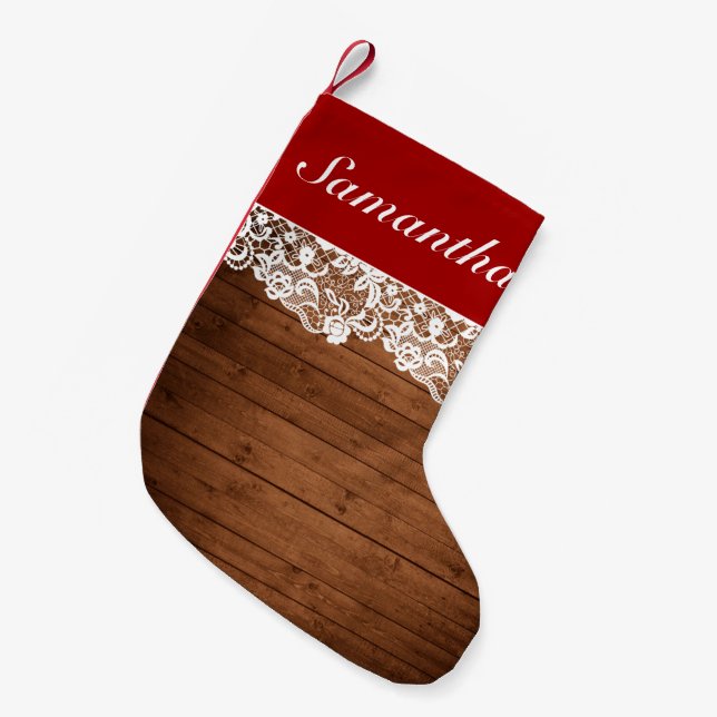 Jul om Rustic Wood & White Snöre Liten Julstrumpa (Framsidan (Hängande))