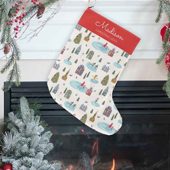 Jul om skal av skisscen i Cute Winter House Stor Julstrumpa (Cute Winter House Village Skating Scene Christmas Large Christmas Stocking)