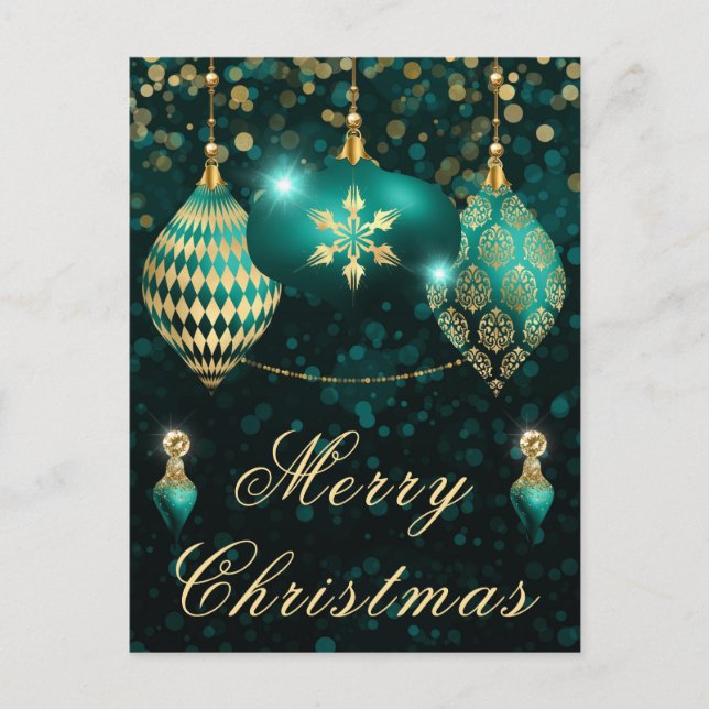 Jul om Teal & Guld glitter Baubles Helg Vykort (Framsida)