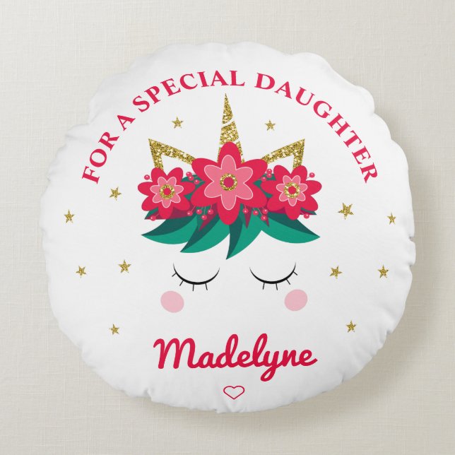 Jul om Unicorn Guld Glitter Rund Kudde (Framsidan)