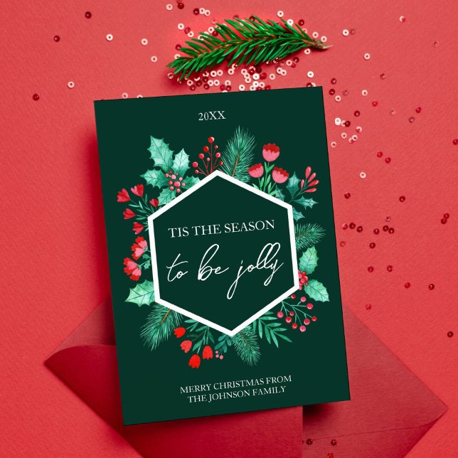 Jul om vattenfärg i Botaniska familjen Julkort (Watercolor Botanical Family Christmas Holiday Card)