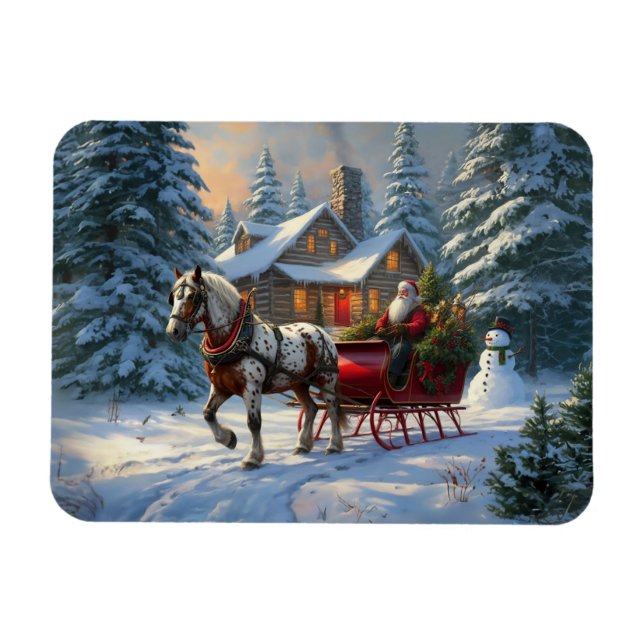Jul One-Häst Sleigh Santa Magnet (Horisontell)