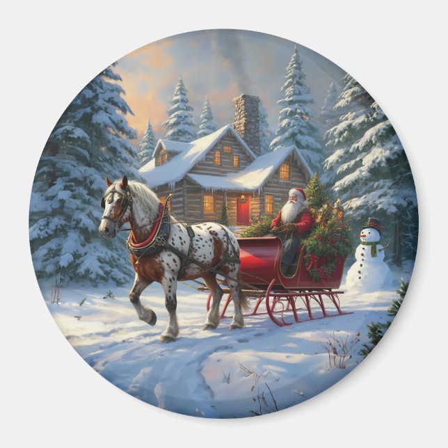 Jul One-Häst Sleigh Santa Magnet (Framsidan)