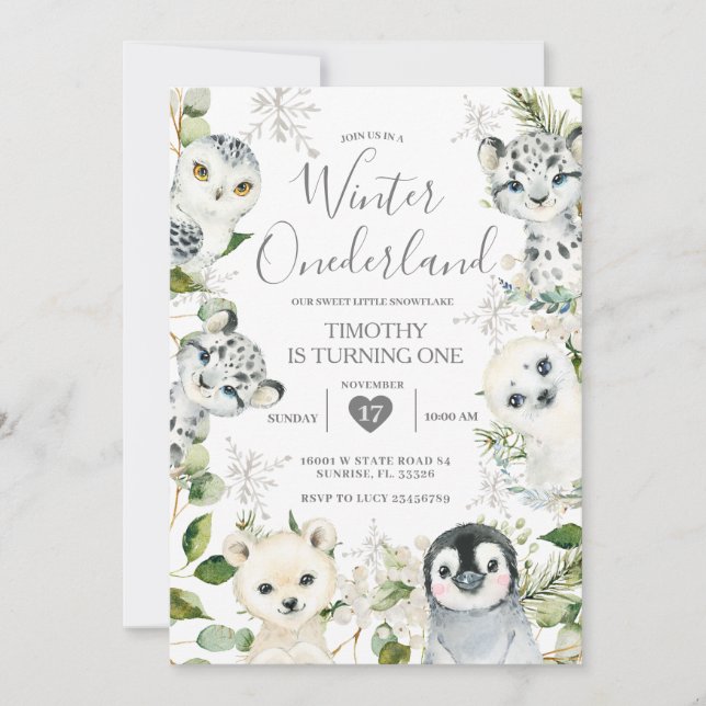 Jul ONEderland Arktiska djur Boy 1st Birth Inbjudningar (Framsida)