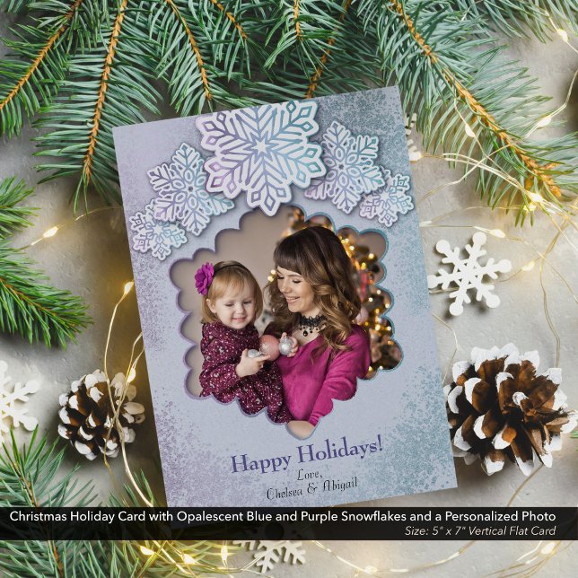 Jul Opalescent Blue Lila Snowflake Photo Julkort (Christmas Holiday Card with Opalescent Blue and Purple Snowflakes with Personalized Photo-5"x7" Card)