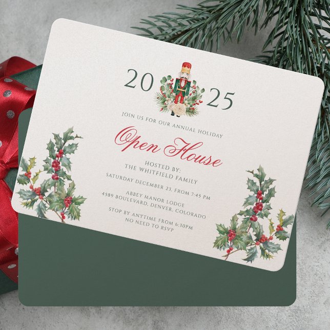 Jul Open House Red Berries Greenery Inbjudningar (Christmas Open House Red Berries Greenery Invitation)