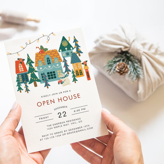 Jul öppen hus firande inbjudan (Cute Retro Holiday Houses Open House Christmas Invitation by Painted Paperie)