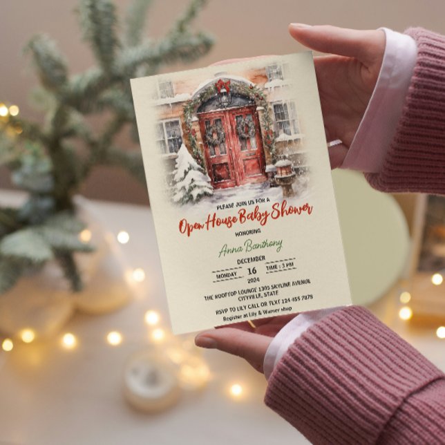 Jul öppen hus redigerbar mall baby shower (open house baby shower mother to be christmas for her, festive fun party elegant winter holiday )