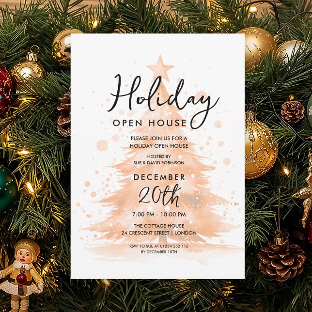 Jul öppen hus Rosa Guld Handmålad Träd Inbjudningar (Holiday Open House Rose Gold Hand Painted Tree Invitation)