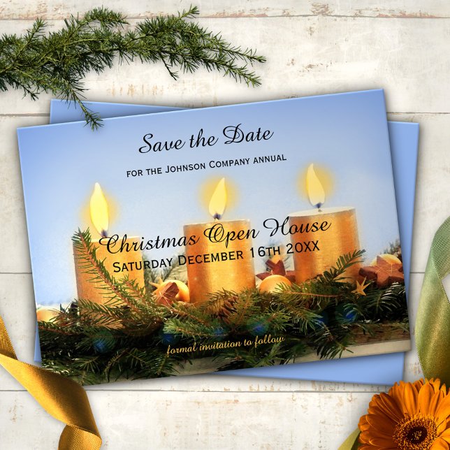 Jul - öppna hus Spara datumkortet Spara Datumet (Save the Date card for a Christmas or Holiday party, featuring golden candles and pine twigs)