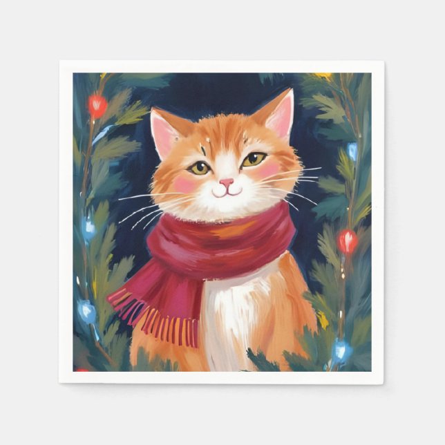 Jul Orange Katt Festiv Djur Helgdag Pappersservett (Framsidan)