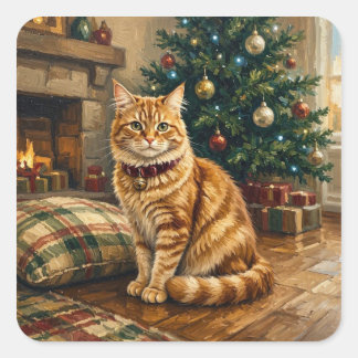 jul orange tabby fyrkantigt klistermärke