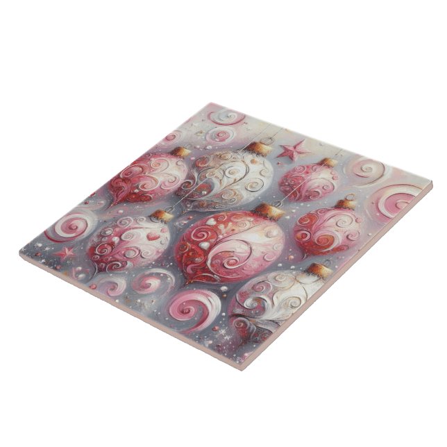 Jul Ornament Bollar Rosa White w/Swirls Kakelplatta (Sidan)