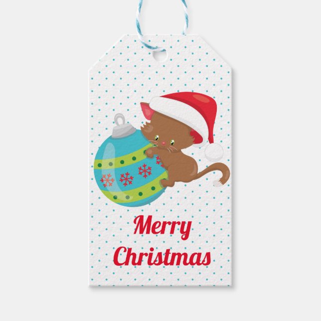 Jul Ornament Kitten Blue Polka Dot Tecknad Presentetikett (Framsidan)
