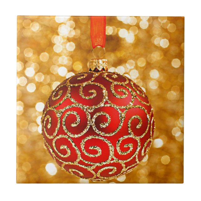 Jul Ornament Red med Guld Twinkle Ljus Kakelplatta (Framsidan)