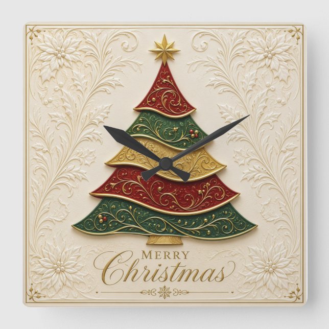 Jul Ornamental Guld Emalj Träd Fyrkantig Klocka (Framsida)