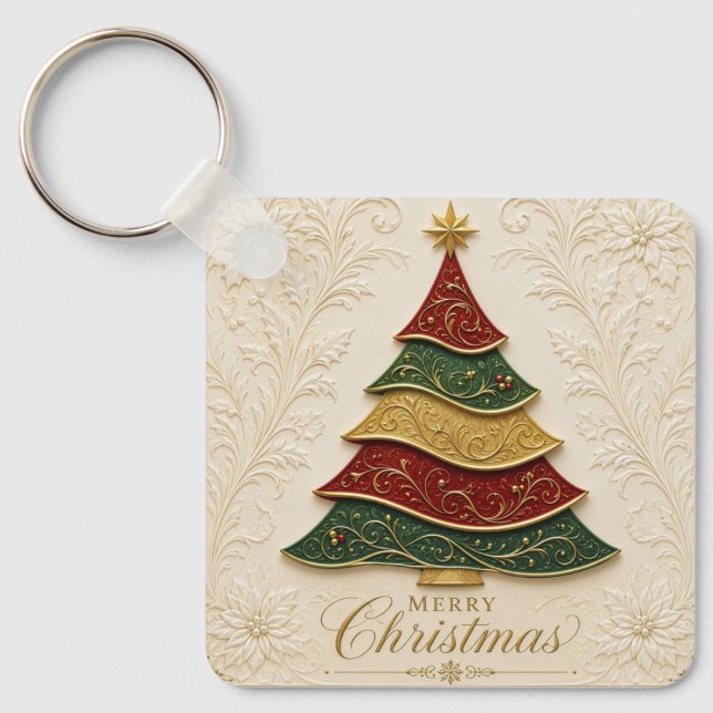 Jul Ornamenterad Guld Emalj Träd Nyckelring (Framsida)